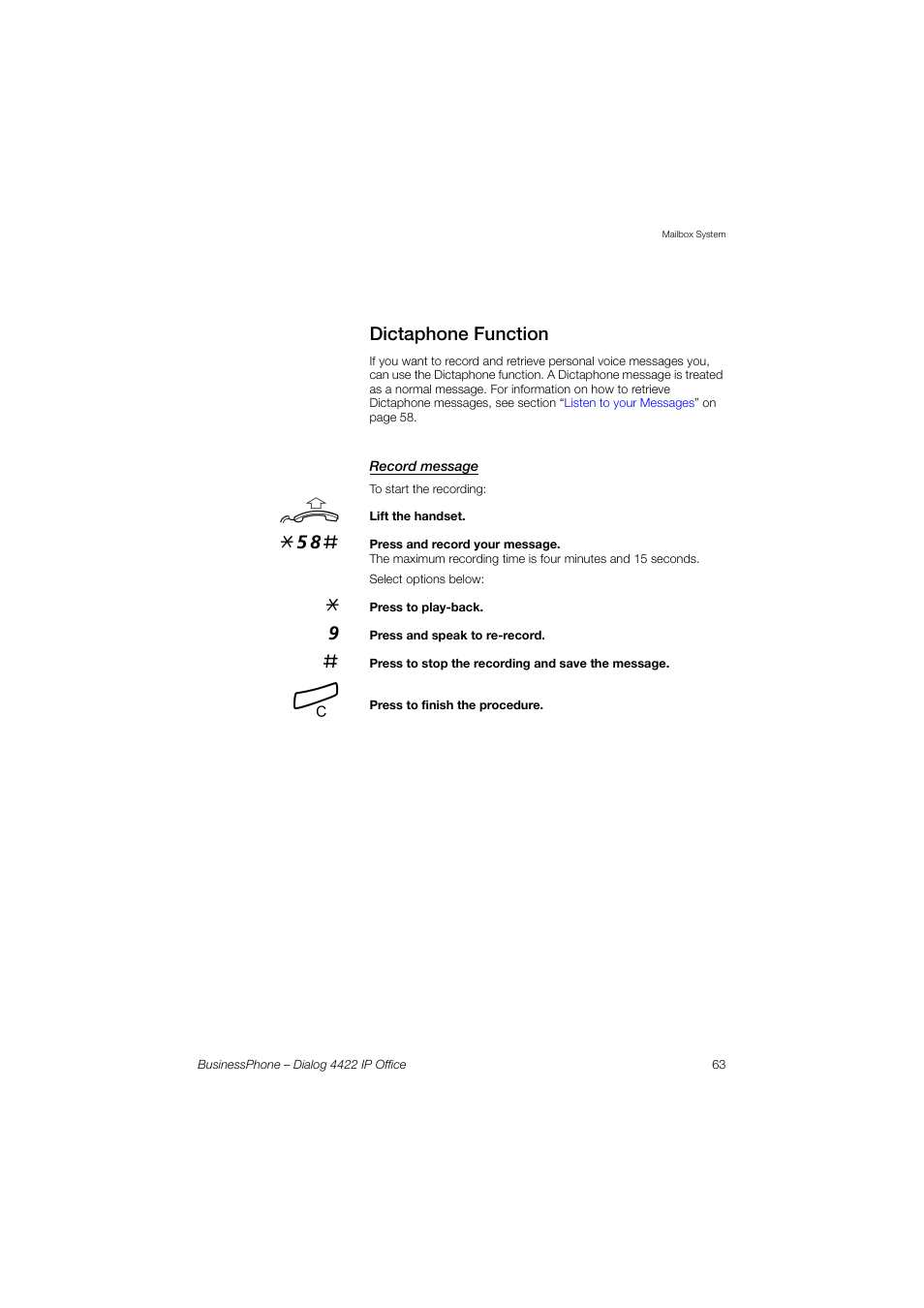 Dictaphone function, Record message | AASTRA 4422 IP Office for BusinessPhone User Guide User Manual | Page 63 / 124
