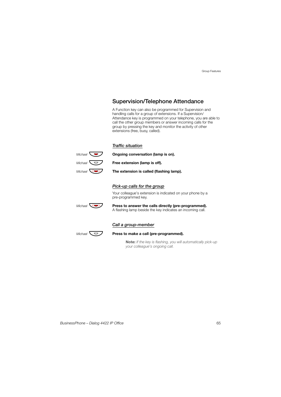 Supervision/telephone attendance, Traffic situation, Pick-up calls for the group | Call a group-member | AASTRA 4422 IP Office for BusinessPhone User Guide User Manual | Page 65 / 124
