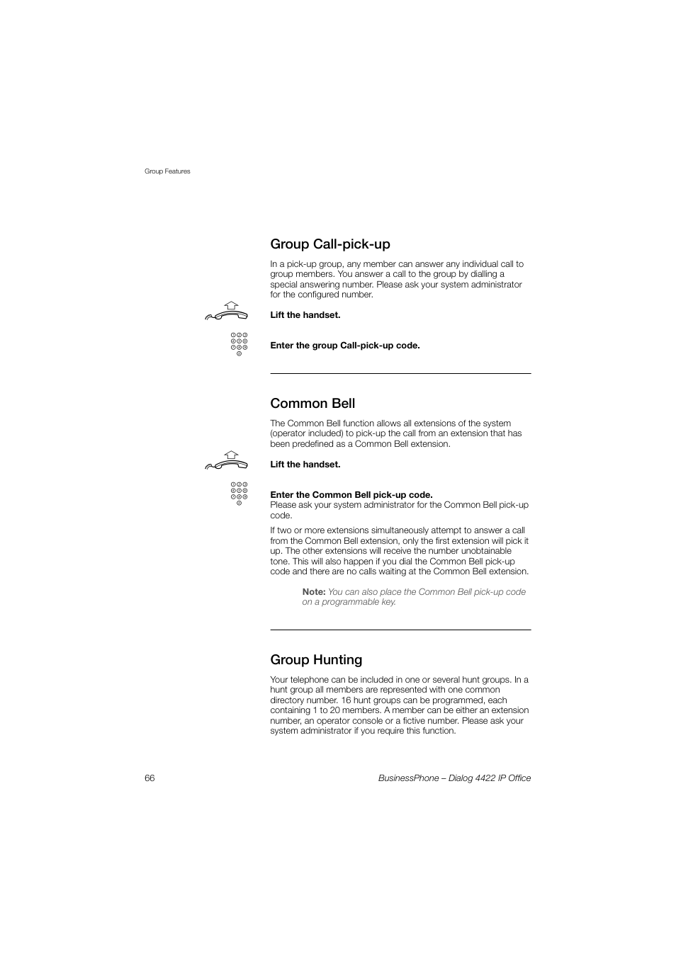 Group call-pick-up, Common bell, Group hunting | AASTRA 4422 IP Office for BusinessPhone User Guide User Manual | Page 66 / 124