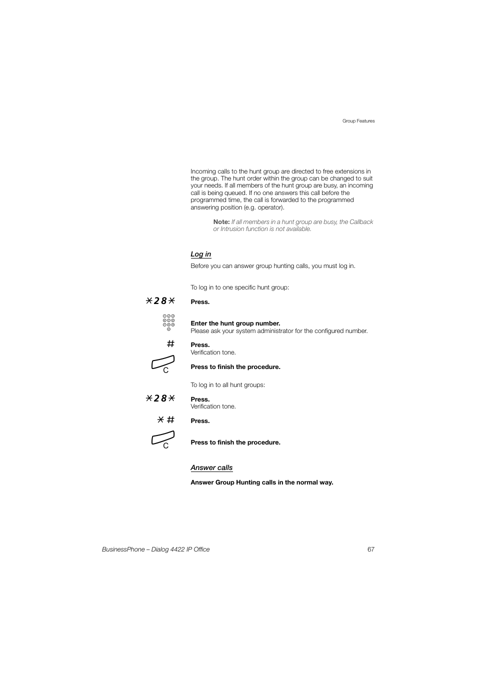 Log in, Answer calls | AASTRA 4422 IP Office for BusinessPhone User Guide User Manual | Page 67 / 124