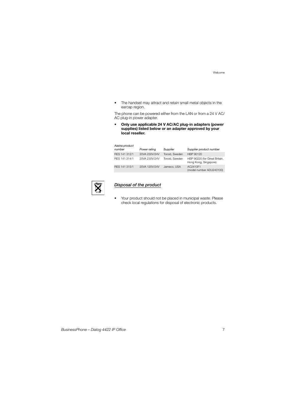 Disposal of the product | AASTRA 4422 IP Office for BusinessPhone User Guide User Manual | Page 7 / 124