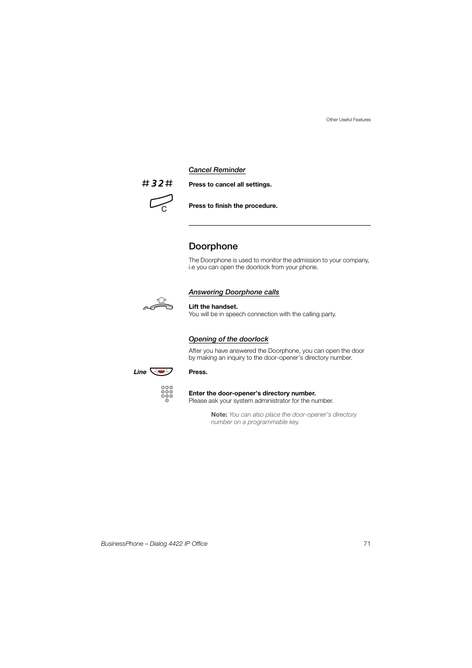 Cancel reminder, Doorphone, Answering doorphone calls | Opening of the doorlock | AASTRA 4422 IP Office for BusinessPhone User Guide User Manual | Page 71 / 124