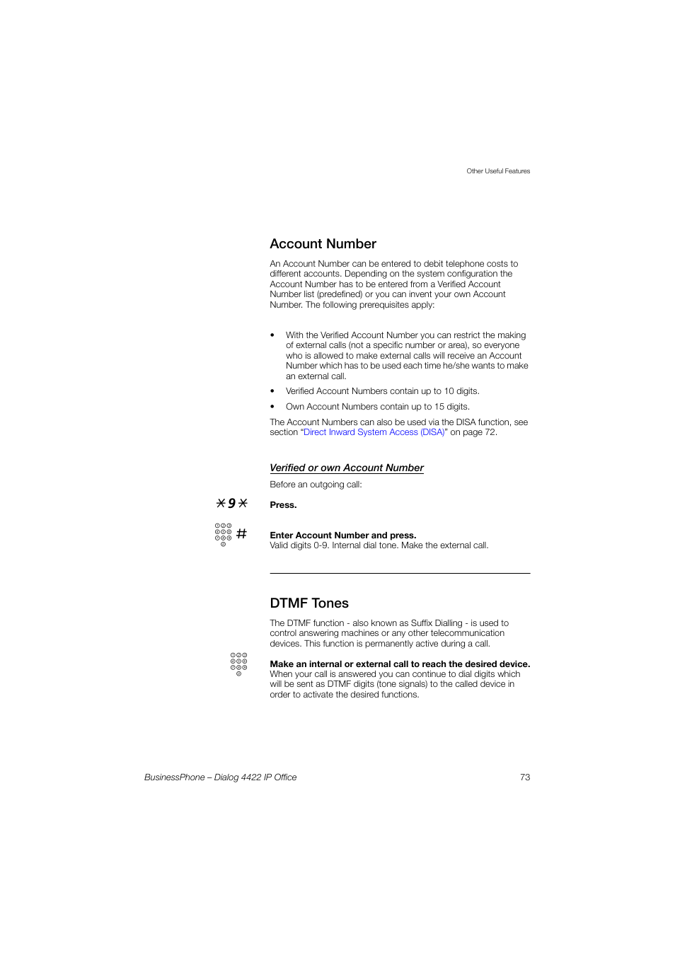 Account number, Verified or own account number, Dtmf tones | Account, Number | AASTRA 4422 IP Office for BusinessPhone User Guide User Manual | Page 73 / 124