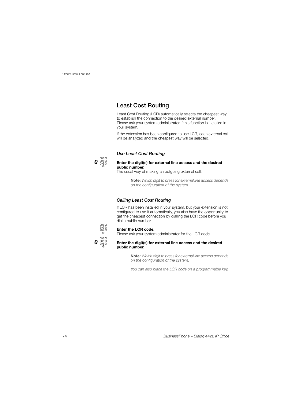 Least cost routing, Use least cost routing, Calling least cost routing | AASTRA 4422 IP Office for BusinessPhone User Guide User Manual | Page 74 / 124