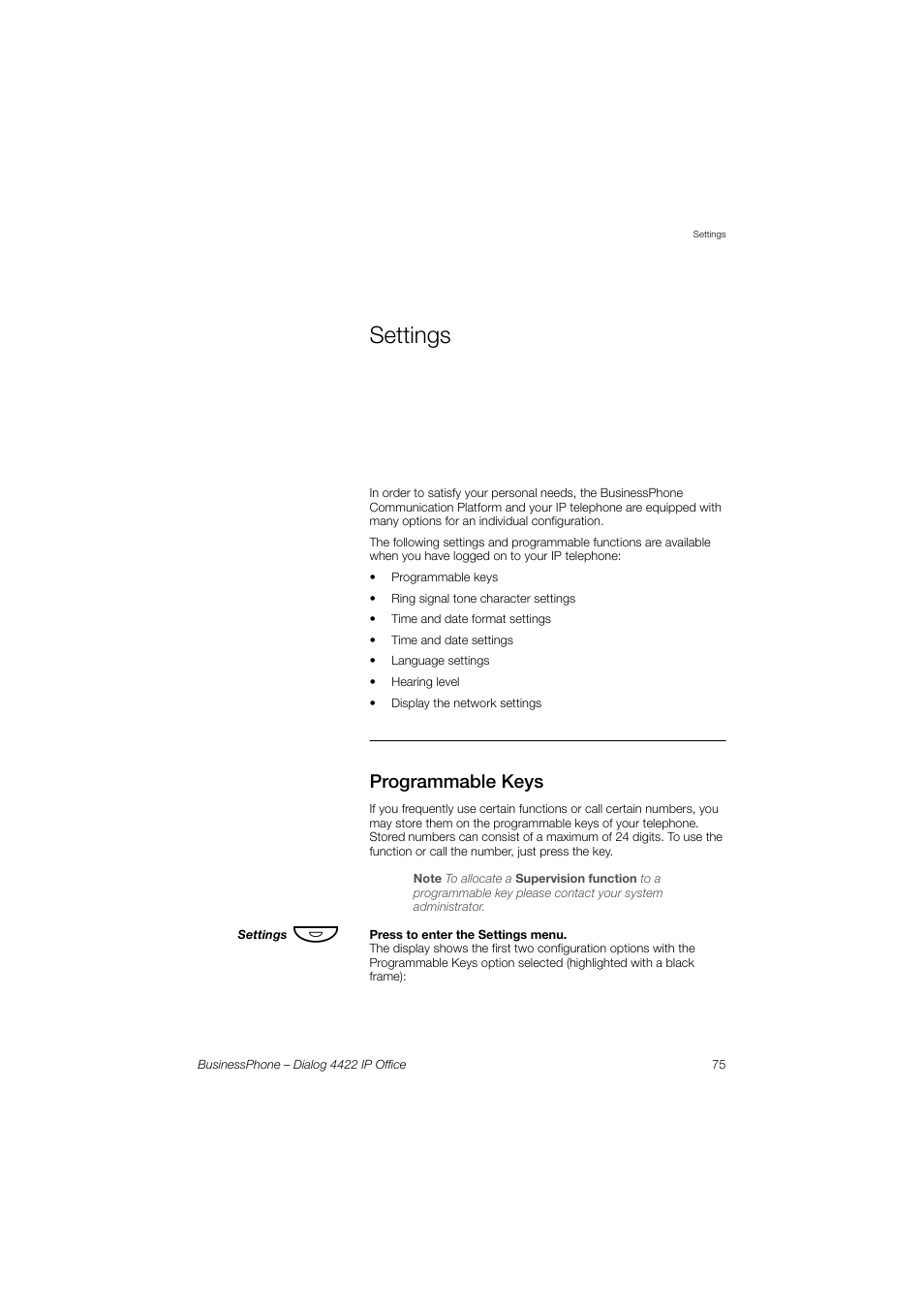 Settings, Programmable keys, Ection | Programmable, Keys, Section, Apter | AASTRA 4422 IP Office for BusinessPhone User Guide User Manual | Page 75 / 124