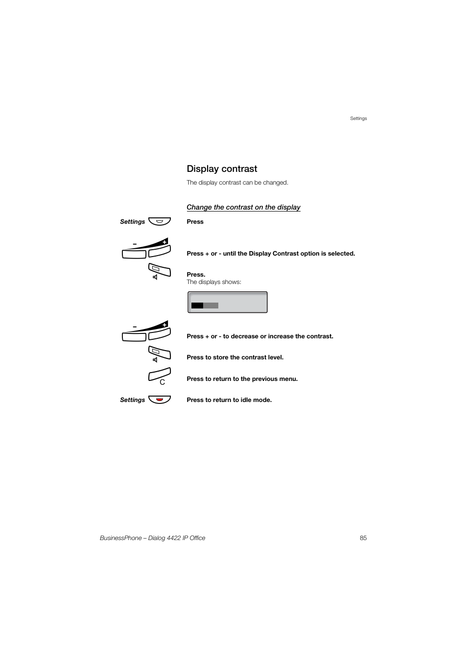 Display contrast, Change the contrast on the display | AASTRA 4422 IP Office for BusinessPhone User Guide User Manual | Page 85 / 124