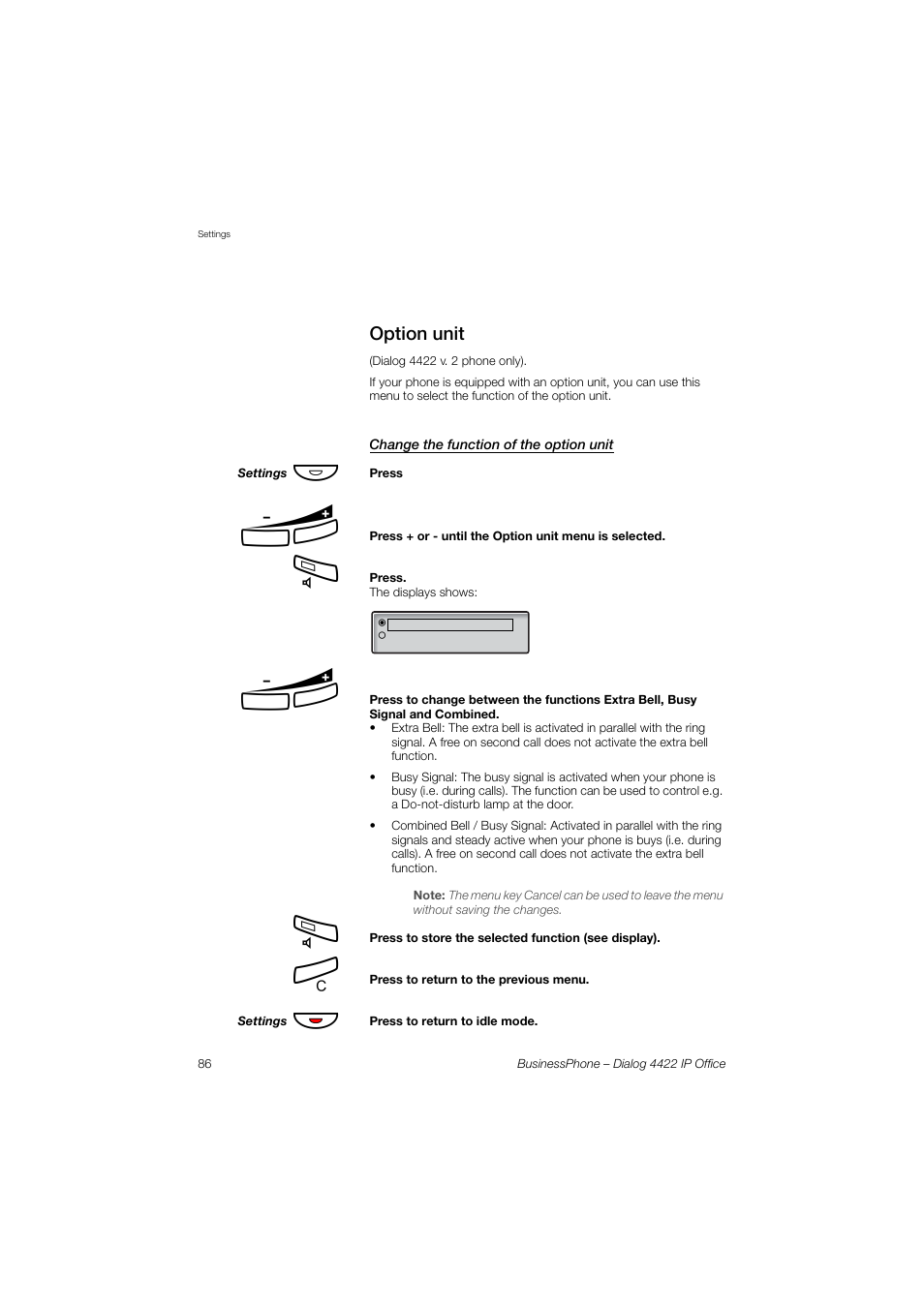 Option unit, Change the function of the option unit | AASTRA 4422 IP Office for BusinessPhone User Guide User Manual | Page 86 / 124