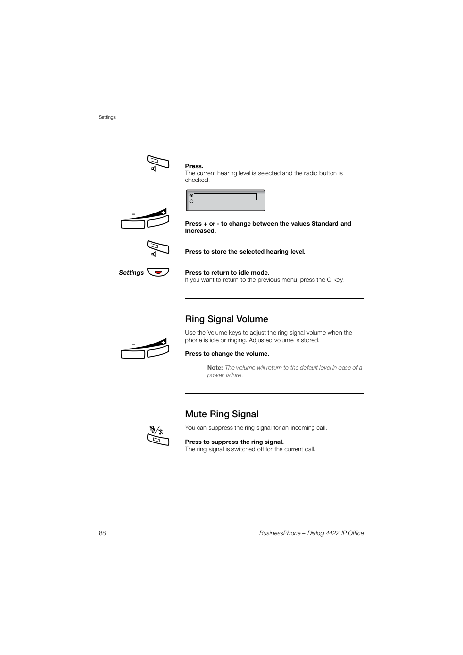 Ring signal volume, Mute ring signal | AASTRA 4422 IP Office for BusinessPhone User Guide User Manual | Page 88 / 124