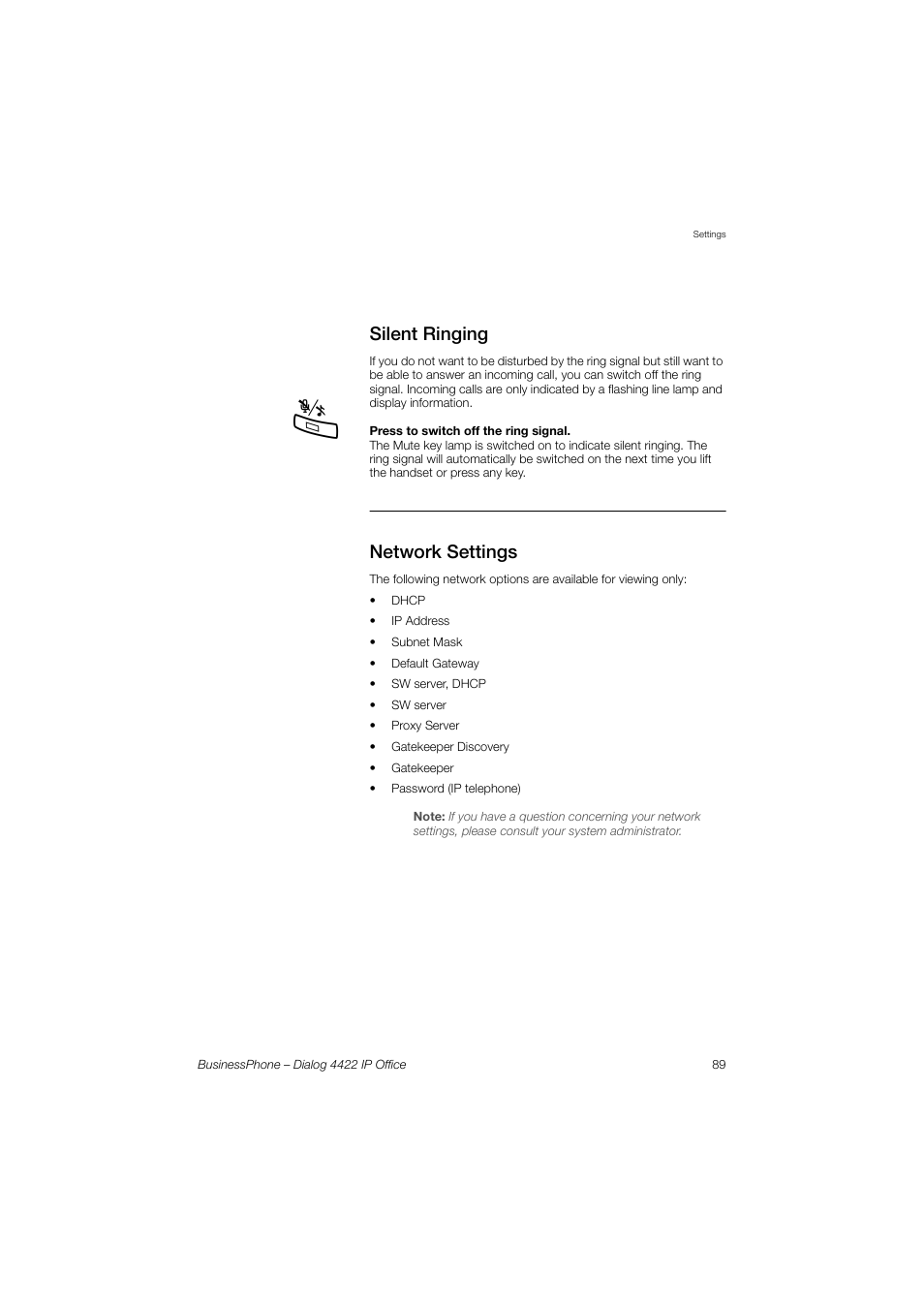 Silent ringing, Network settings | AASTRA 4422 IP Office for BusinessPhone User Guide User Manual | Page 89 / 124