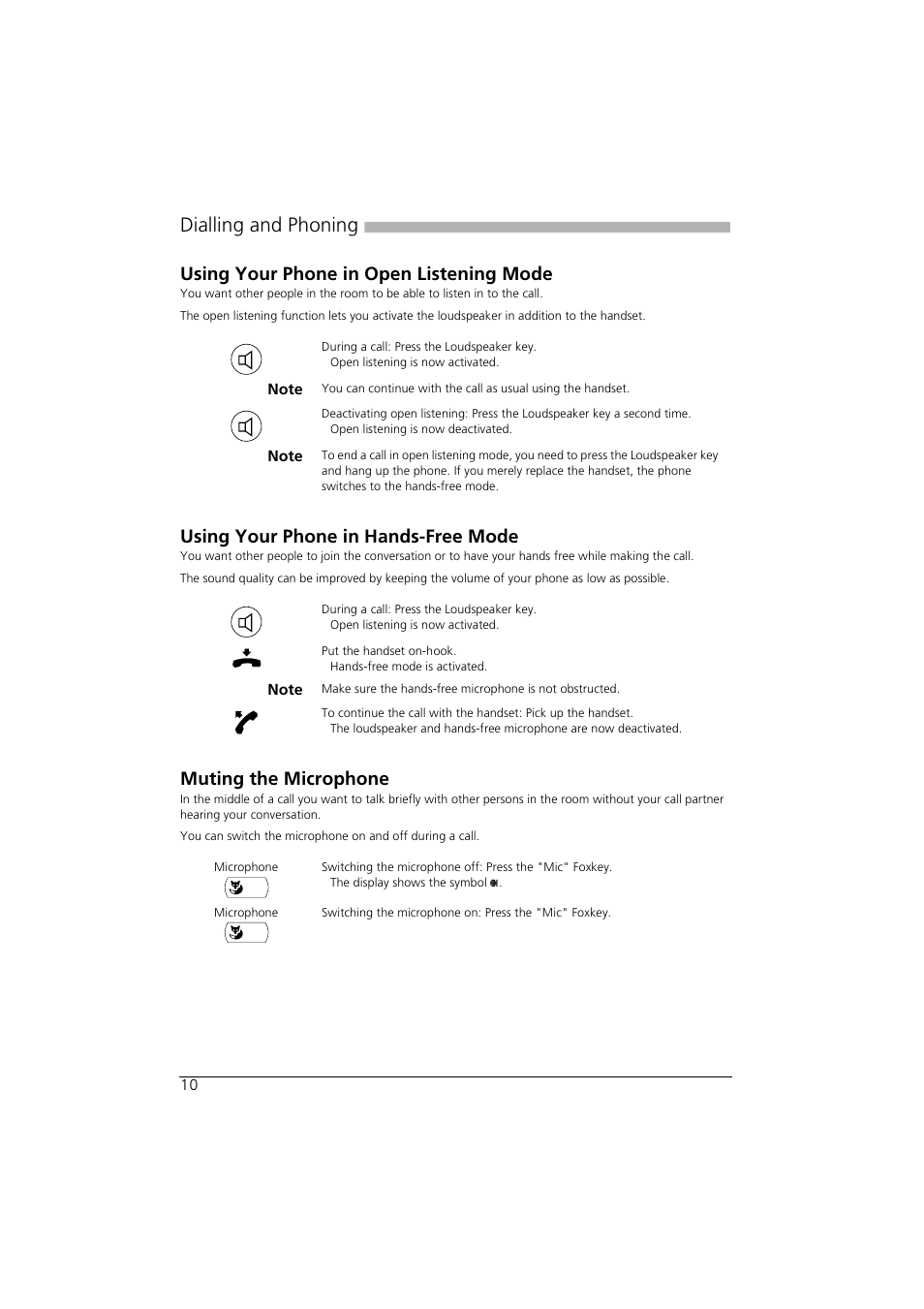 Using your phone in open listening mode, Using your phone in hands-free mode, Muting the microphone | Dialling and phoning | AASTRA Office 35IP User manual User Manual | Page 10 / 79