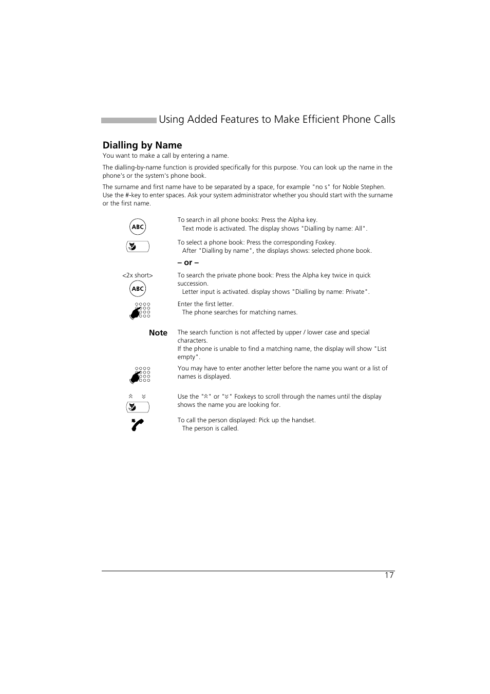 Dialling by name, Using added features to make efficient phone calls | AASTRA Office 35IP User manual User Manual | Page 17 / 79
