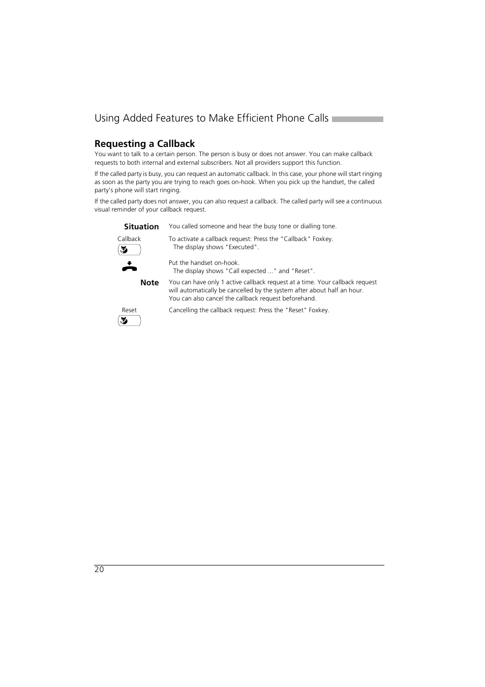 Requesting a callback, Using added features to make efficient phone calls | AASTRA Office 35IP User manual User Manual | Page 20 / 79