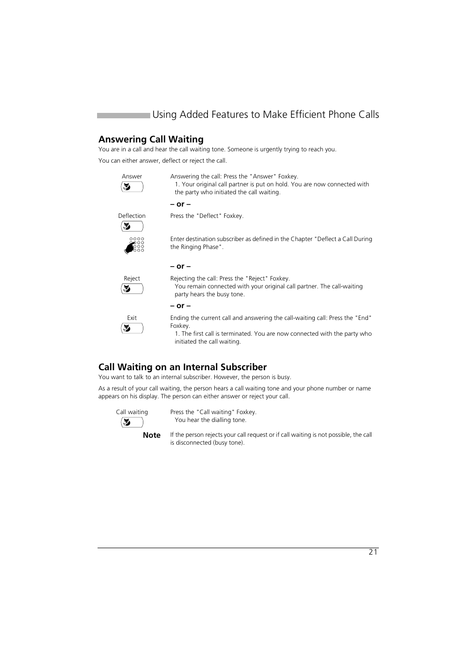 Answering call waiting, Call waiting on an internal subscriber, Using added features to make efficient phone calls | AASTRA Office 35IP User manual User Manual | Page 21 / 79