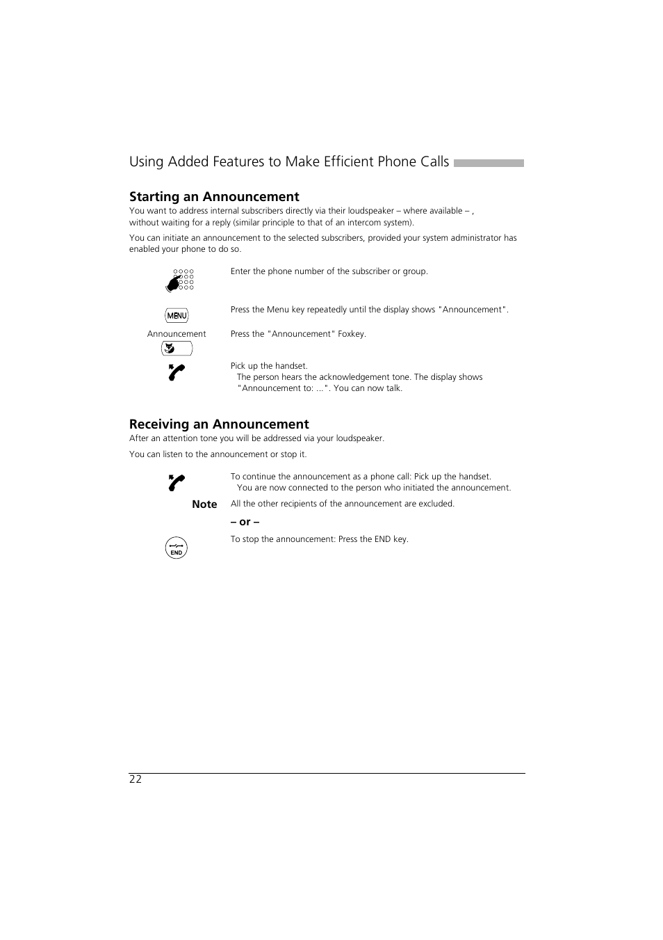 Starting an announcement, Receiving an announcement, Using added features to make efficient phone calls | AASTRA Office 35IP User manual User Manual | Page 22 / 79