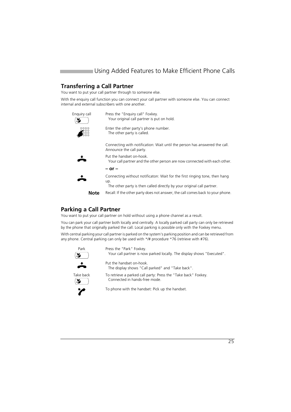 Transferring a call partner, Parking a call partner, Using added features to make efficient phone calls | AASTRA Office 35IP User manual User Manual | Page 25 / 79