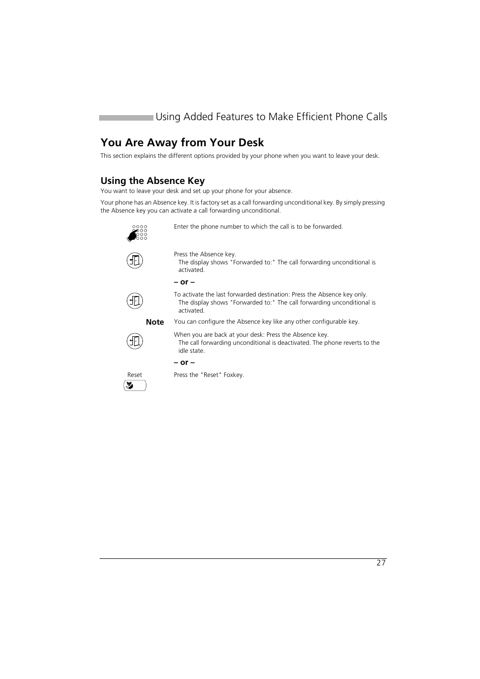 You are away from your desk, Using the absence key, Using added features to make efficient phone calls | AASTRA Office 35IP User manual User Manual | Page 27 / 79