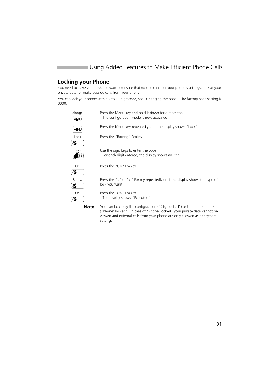 Locking your phone, Using added features to make efficient phone calls | AASTRA Office 35IP User manual User Manual | Page 31 / 79
