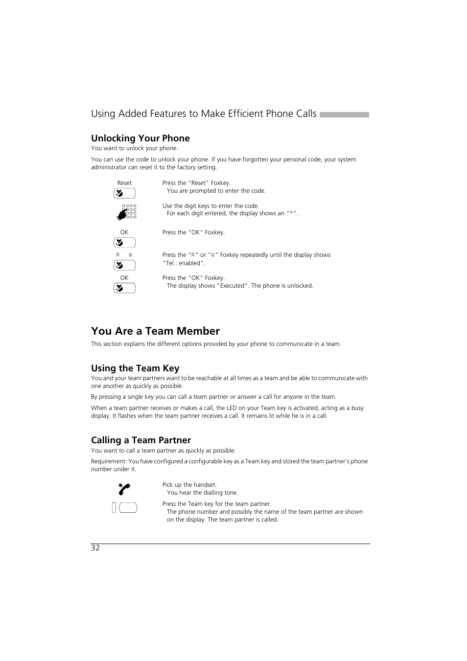 Unlocking your phone, You are a team member, Using the team key | Calling a team partner, Using added features to make efficient phone calls | AASTRA Office 35IP User manual User Manual | Page 32 / 79