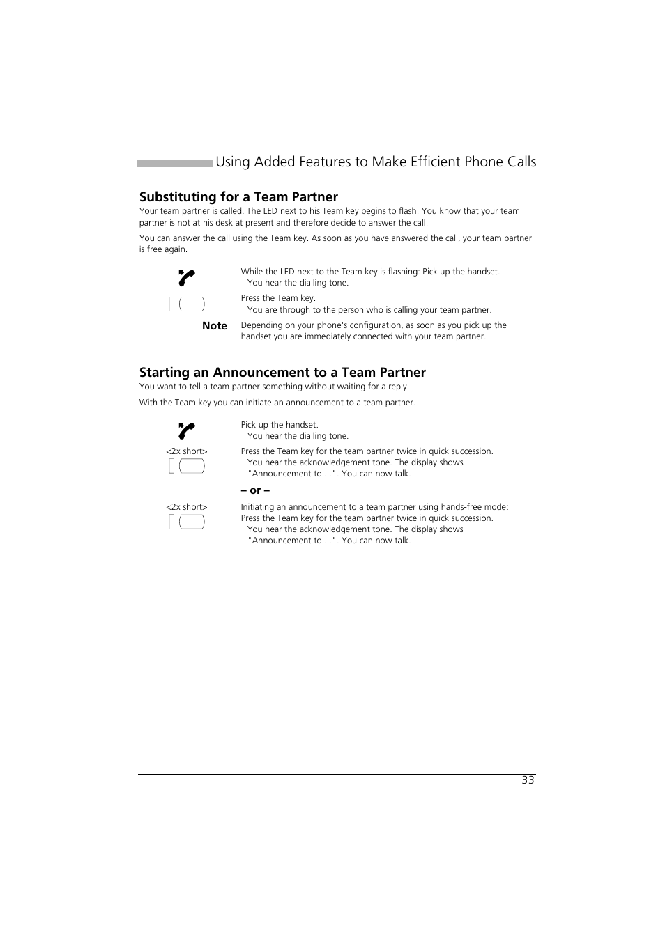 Substituting for a team partner, Starting an announcement to a team partner, Using added features to make efficient phone calls | AASTRA Office 35IP User manual User Manual | Page 33 / 79