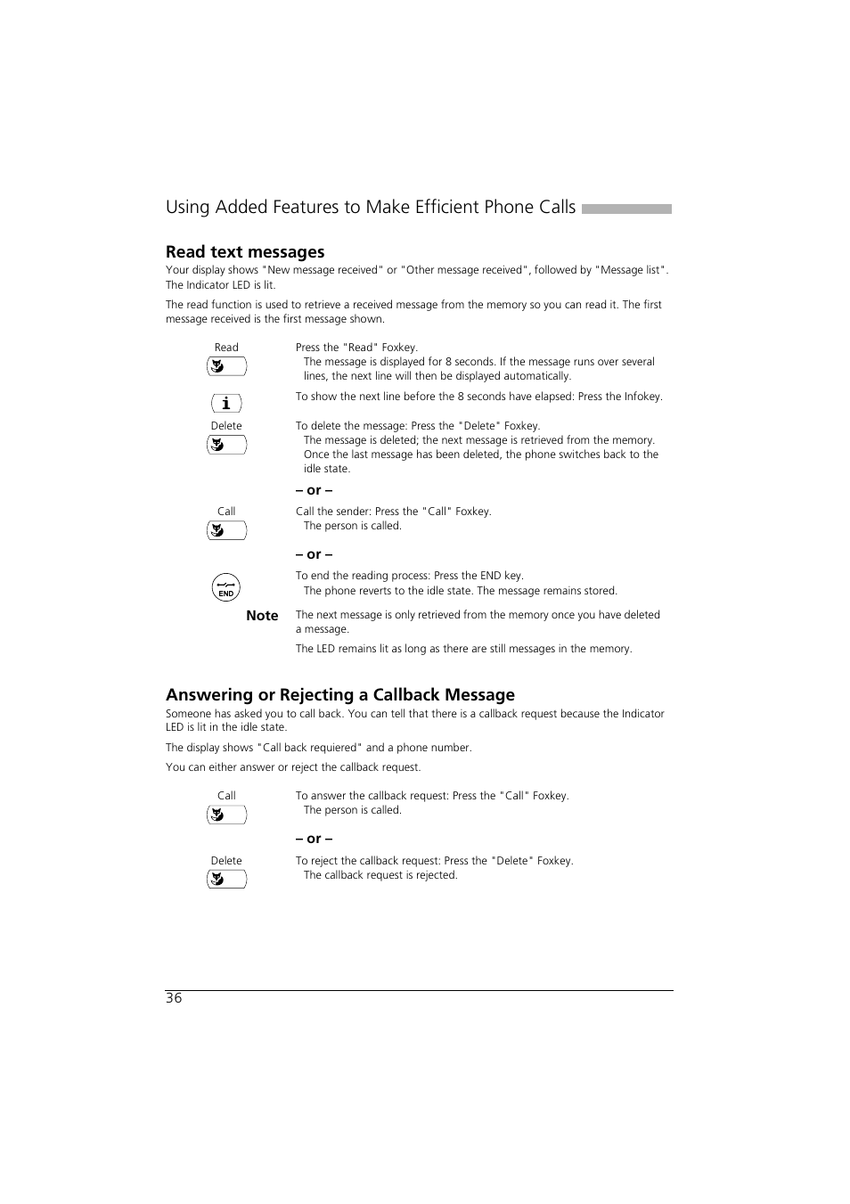 Read text messages, Answering or rejecting a callback message, Using added features to make efficient phone calls | AASTRA Office 35IP User manual User Manual | Page 36 / 79
