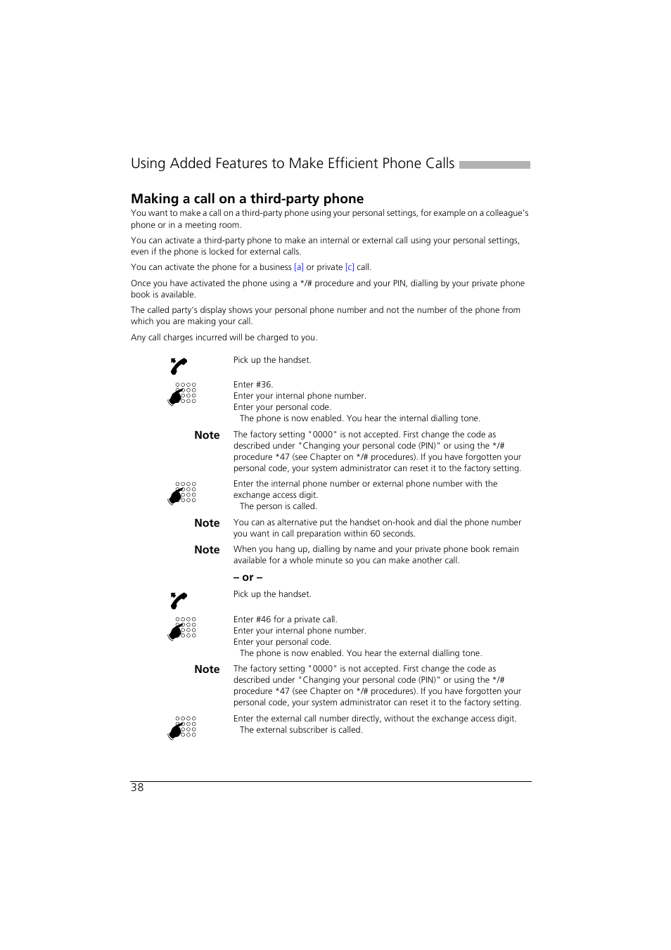 Making a call on a third-party phone, Using added features to make efficient phone calls | AASTRA Office 35IP User manual User Manual | Page 38 / 79