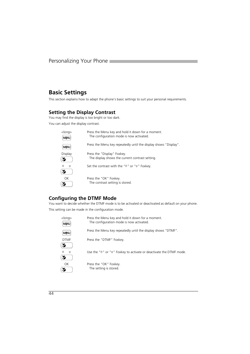 Personalizing your phone, Basic settings, Setting the display contrast | Configuring the dtmf mode | AASTRA Office 35IP User manual User Manual | Page 44 / 79