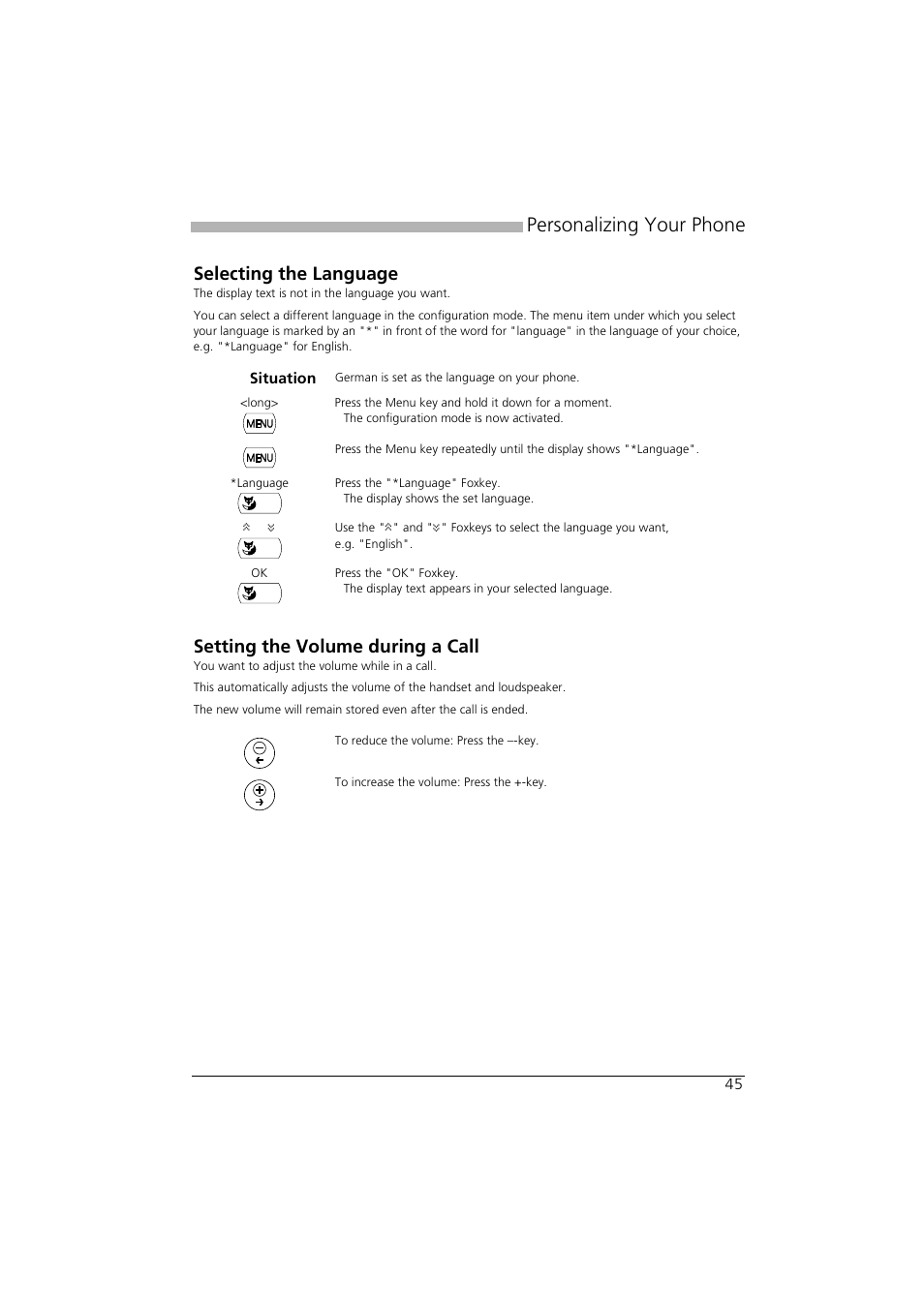 Selecting the language, Setting the volume during a call, Personalizing your phone | AASTRA Office 35IP User manual User Manual | Page 45 / 79