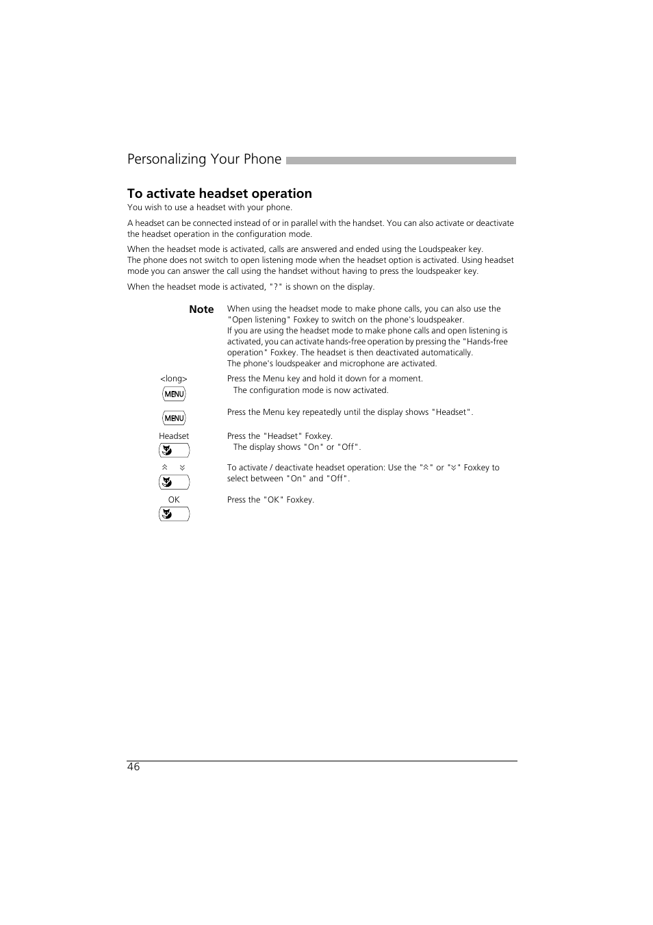 To activate headset operation, Personalizing your phone | AASTRA Office 35IP User manual User Manual | Page 46 / 79