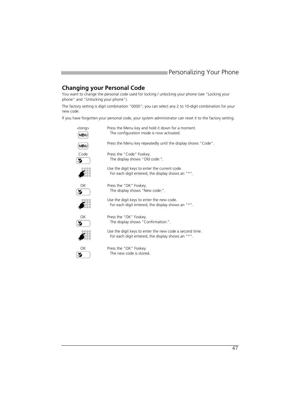 Changing your personal code, Personalizing your phone | AASTRA Office 35IP User manual User Manual | Page 47 / 79