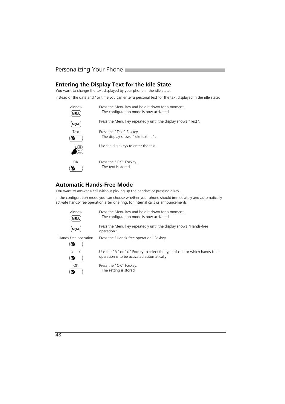 Entering the display text for the idle state, Automatic hands-free mode, Personalizing your phone | AASTRA Office 35IP User manual User Manual | Page 48 / 79