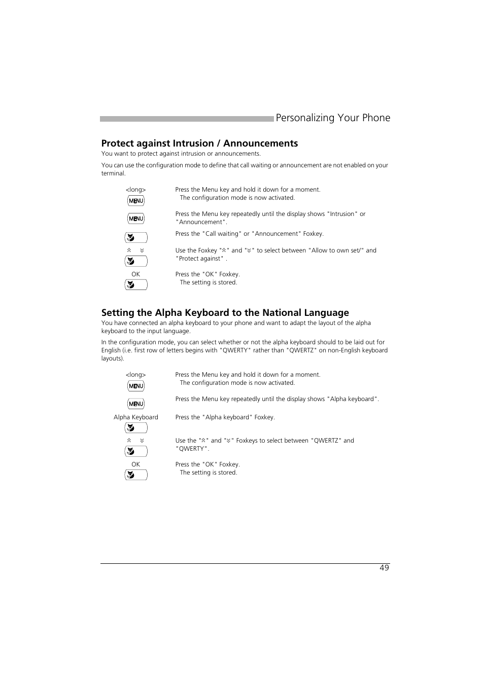 Protect against intrusion / announcements, Personalizing your phone | AASTRA Office 35IP User manual User Manual | Page 49 / 79