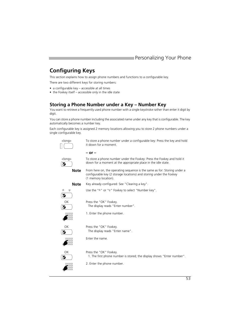 Configuring keys, Storing a phone number under a key – number key, Personalizing your phone | AASTRA Office 35IP User manual User Manual | Page 53 / 79