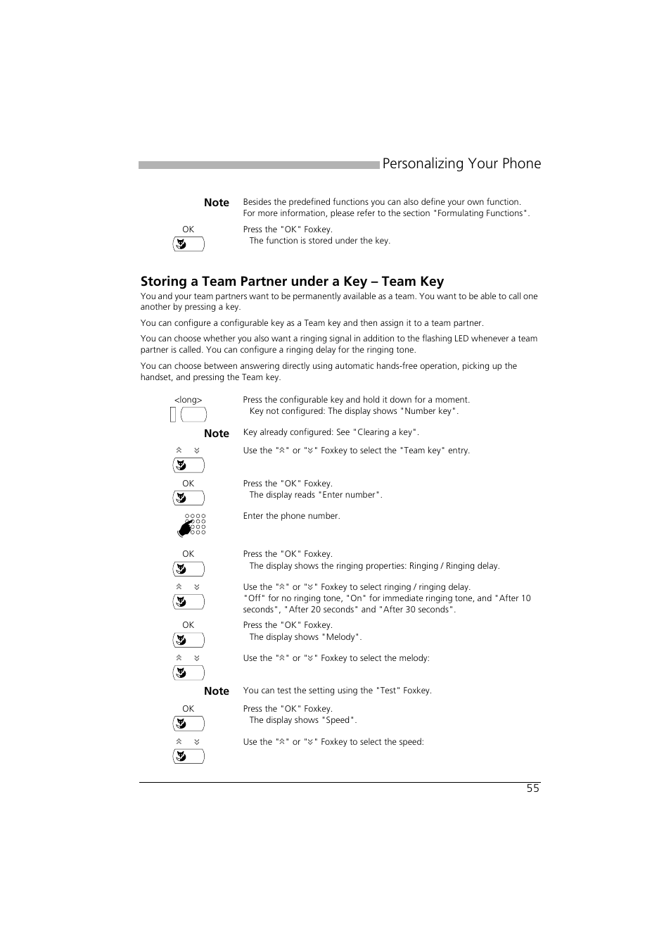 Storing a team partner under a key – team key, Personalizing your phone | AASTRA Office 35IP User manual User Manual | Page 55 / 79