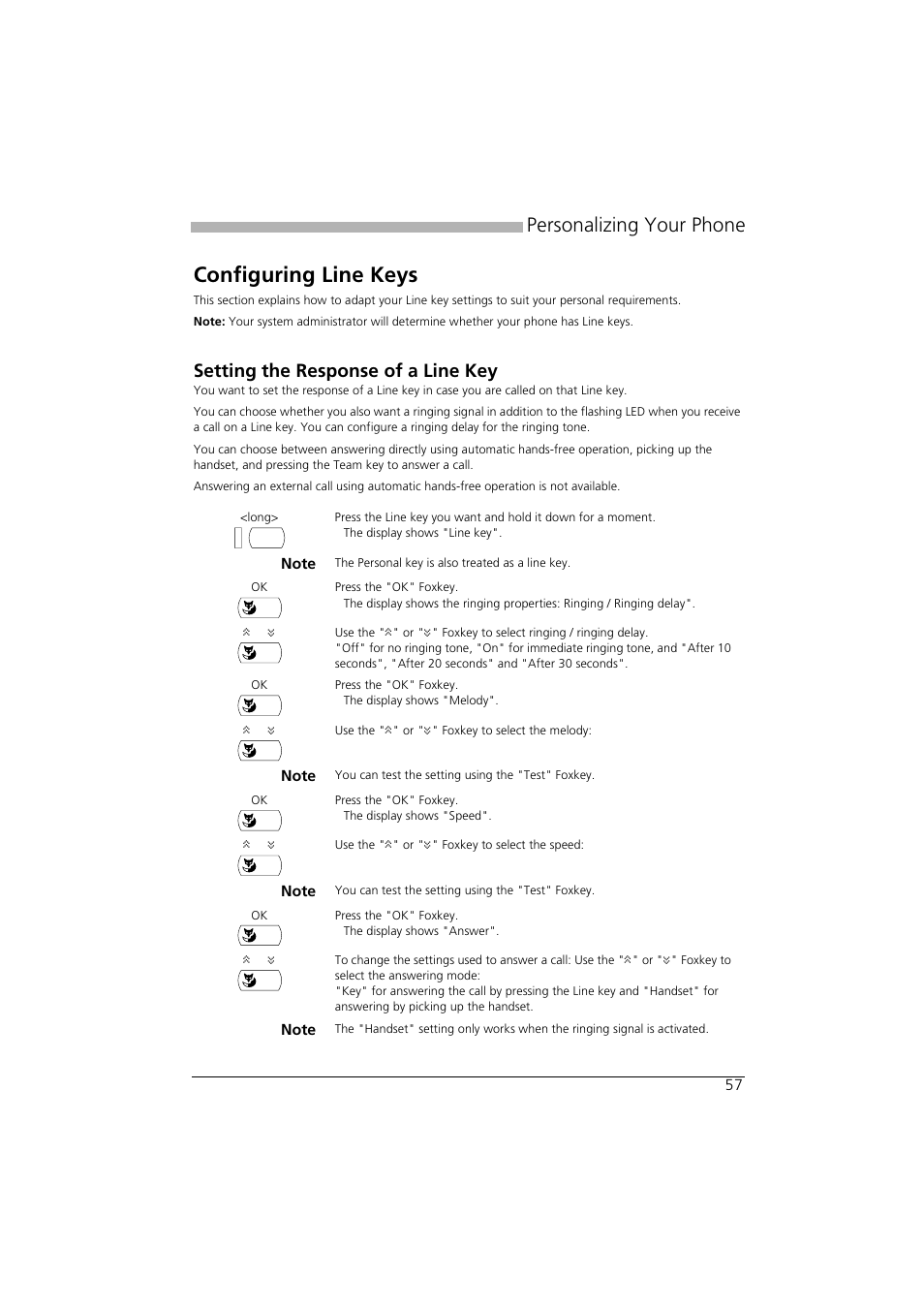 Configuring line keys, Setting the response of a line key, Personalizing your phone | AASTRA Office 35IP User manual User Manual | Page 57 / 79