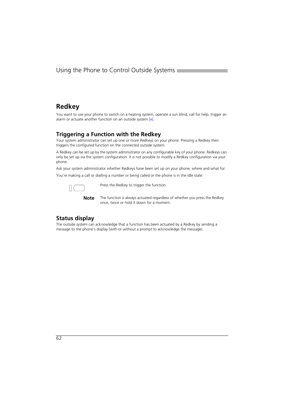 Using the phone to control outside systems, Redkey, Triggering a function with the redkey | Status display | AASTRA Office 35IP User manual User Manual | Page 62 / 79