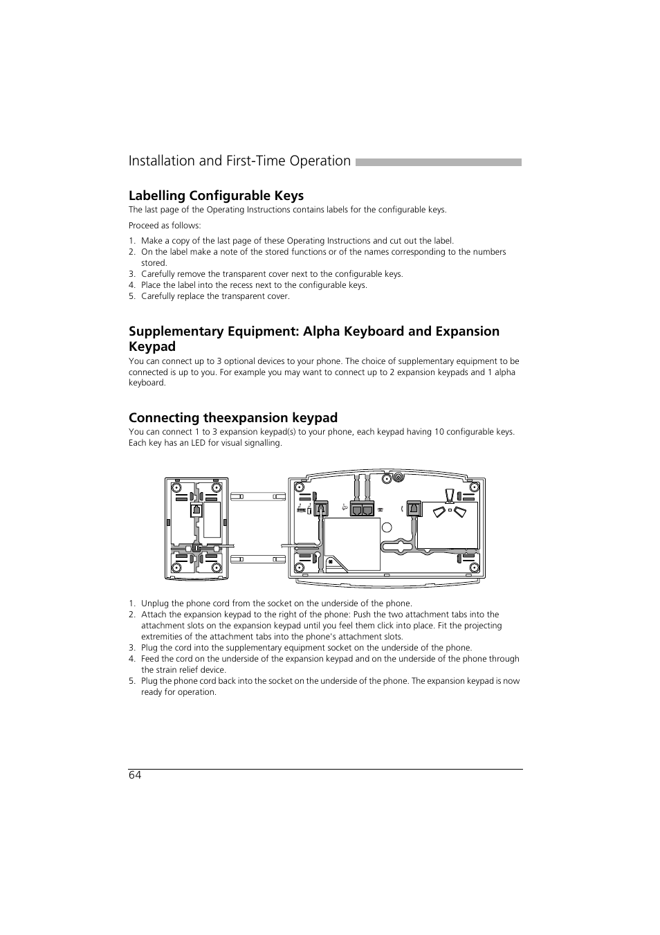 Labelling configurable keys, Connecting theexpansion keypad, Installation and first-time operation | AASTRA Office 35IP User manual User Manual | Page 64 / 79