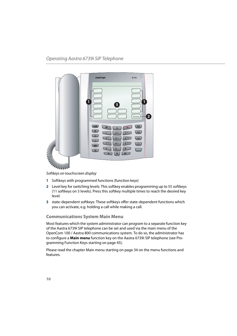 Communications system main menu, Operating aastra 6739i sip telephone | AASTRA 6739i for Aastra 800 and OpenCom 100 User Guide EN User Manual | Page 12 / 56