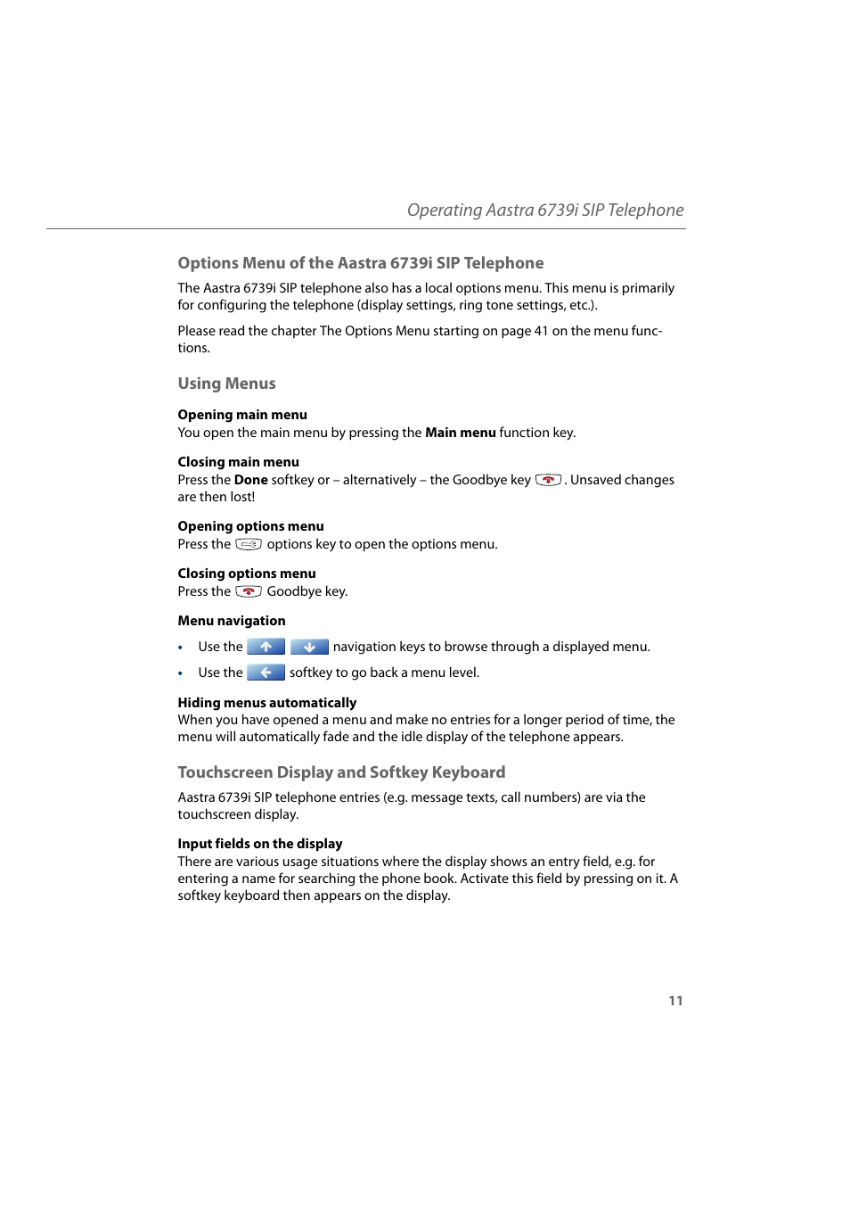 Options menu of the aastra 6739i sip telephone, Using menus, Touchscreen display and softkey keyboard | Operating aastra 6739i sip telephone | AASTRA 6739i for Aastra 800 and OpenCom 100 User Guide EN User Manual | Page 13 / 56