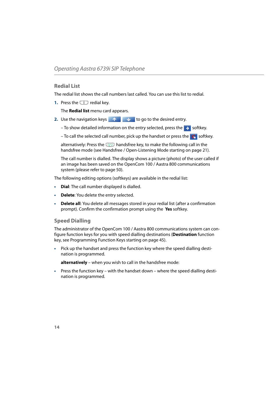Redial list, Speed dialling, Redial list speed dialling | Operating aastra 6739i sip telephone | AASTRA 6739i for Aastra 800 and OpenCom 100 User Guide EN User Manual | Page 16 / 56