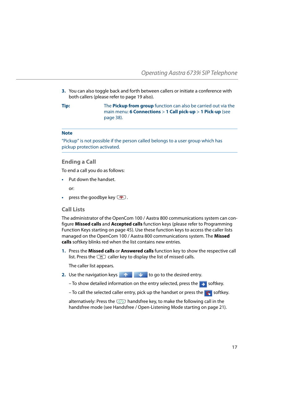Ending a call, Call lists, Ending a call call lists | Operating aastra 6739i sip telephone | AASTRA 6739i for Aastra 800 and OpenCom 100 User Guide EN User Manual | Page 19 / 56