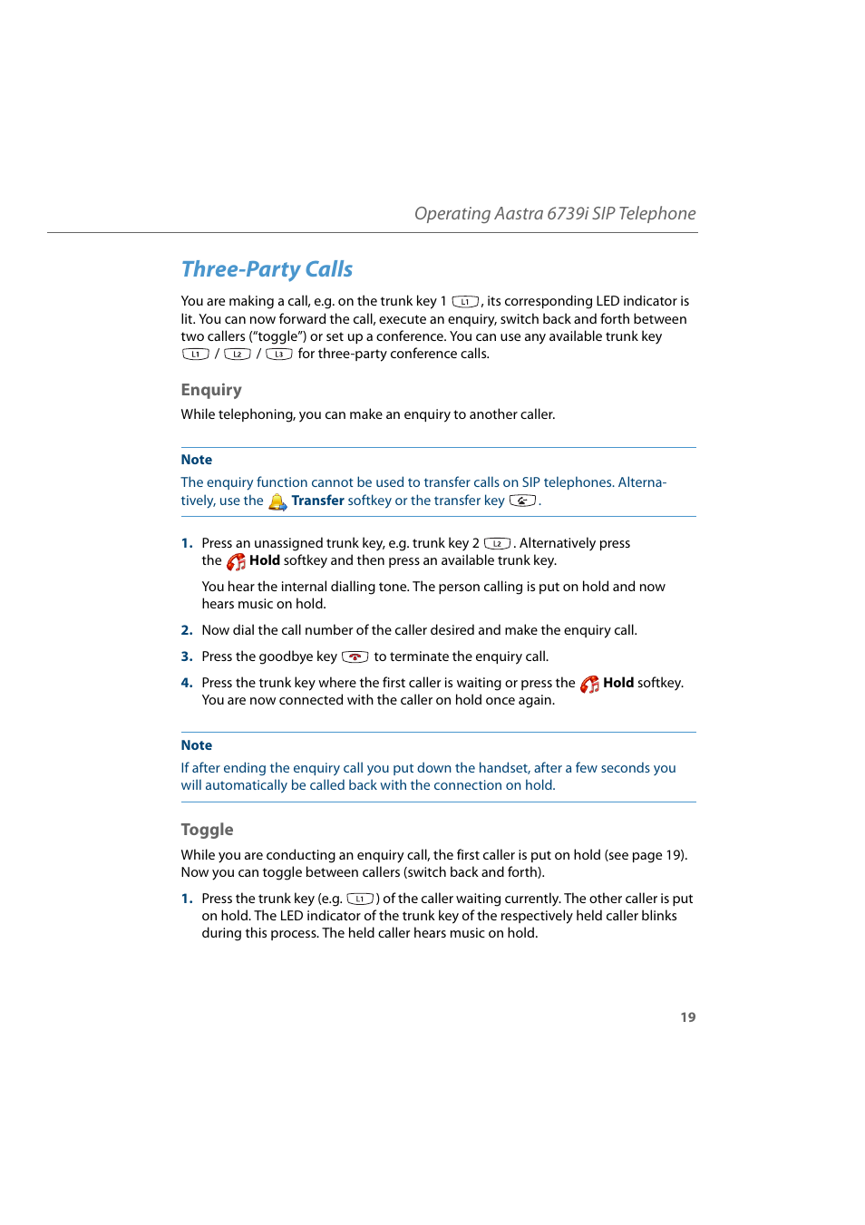 Three-party calls, Enquiry, Toggle | Enquiry toggle, Operating aastra 6739i sip telephone | AASTRA 6739i for Aastra 800 and OpenCom 100 User Guide EN User Manual | Page 21 / 56
