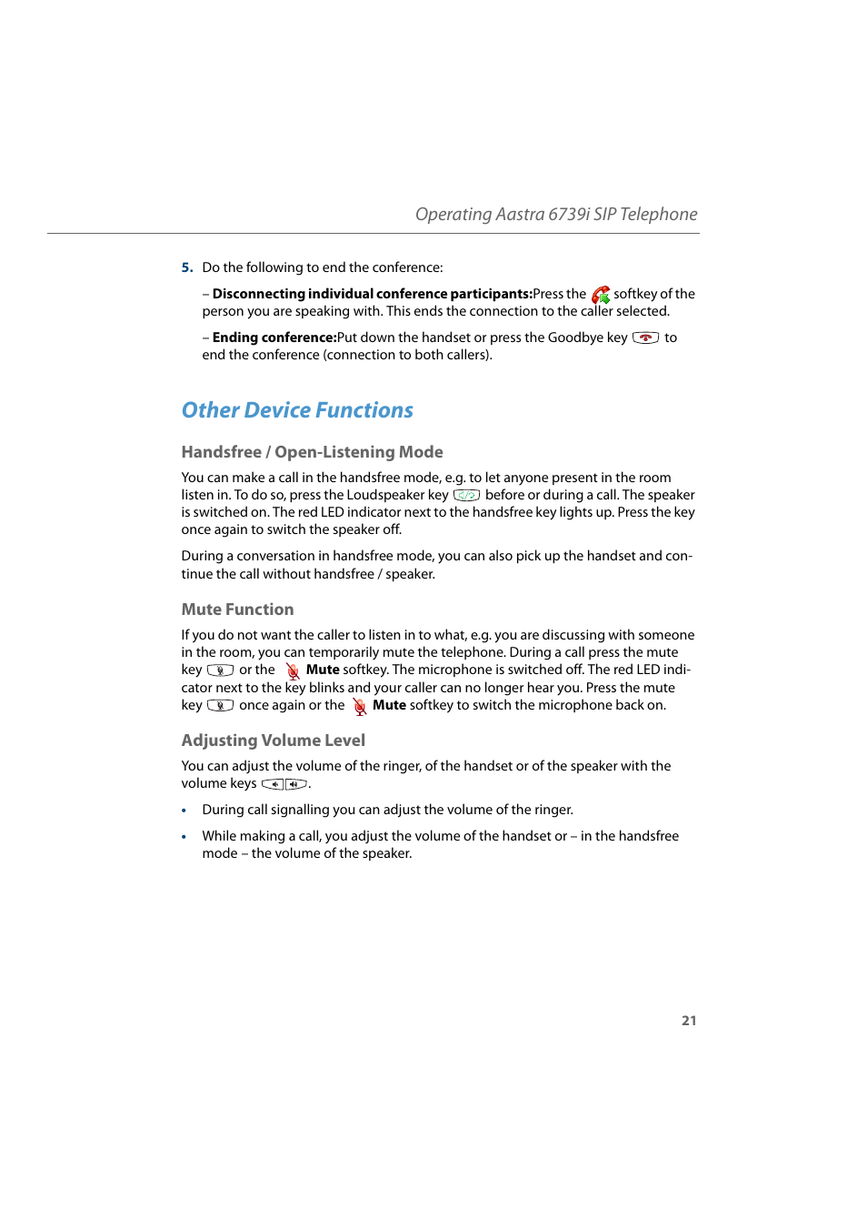 Other device functions, Handsfree / open-listening mode, Mute function | Adjusting volume level, Operating aastra 6739i sip telephone | AASTRA 6739i for Aastra 800 and OpenCom 100 User Guide EN User Manual | Page 23 / 56
