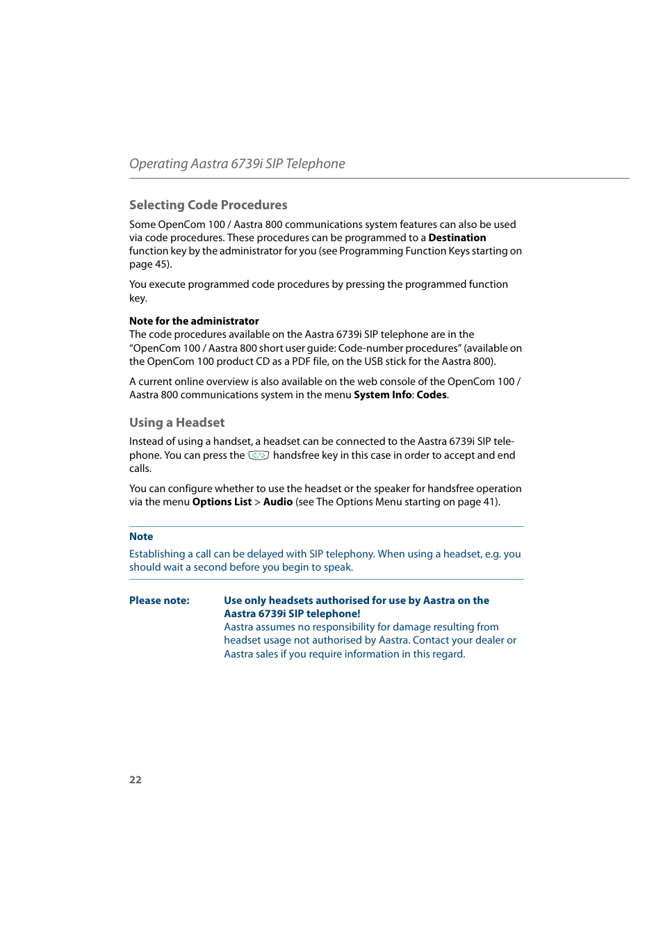 Selecting code procedures, Using a headset, Selecting code procedures using a headset | Operating aastra 6739i sip telephone | AASTRA 6739i for Aastra 800 and OpenCom 100 User Guide EN User Manual | Page 24 / 56