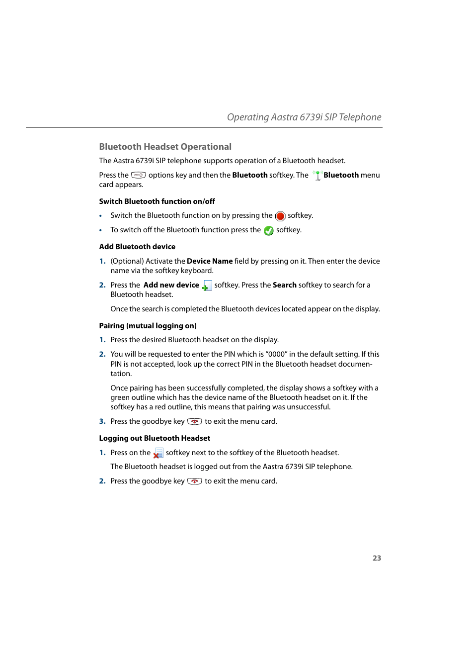 Bluetooth headset operational, Operating aastra 6739i sip telephone | AASTRA 6739i for Aastra 800 and OpenCom 100 User Guide EN User Manual | Page 25 / 56