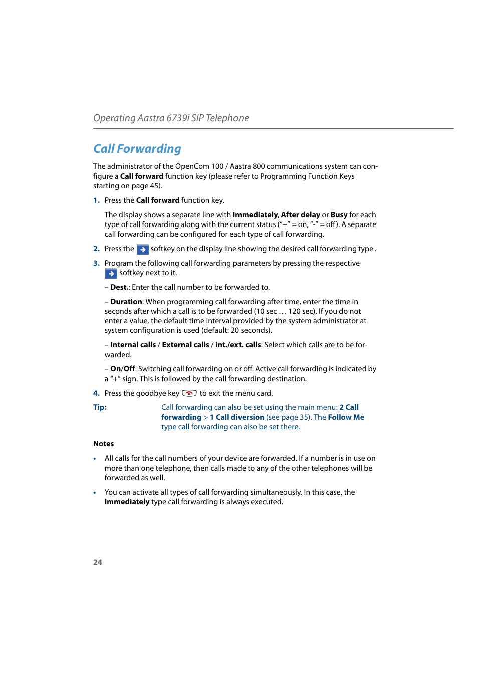Call forwarding, Operating aastra 6739i sip telephone | AASTRA 6739i for Aastra 800 and OpenCom 100 User Guide EN User Manual | Page 26 / 56