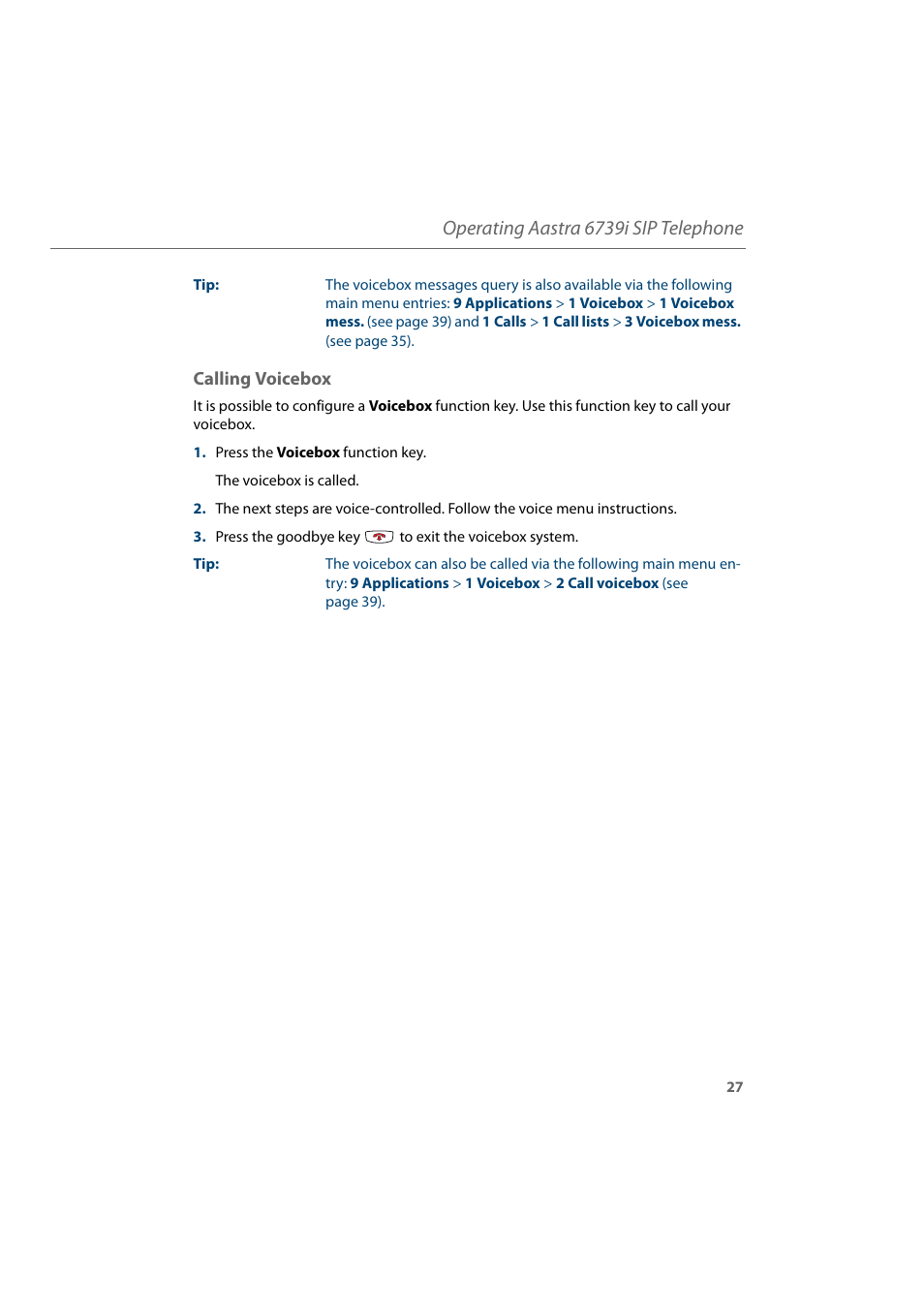 Calling voicebox, Operating aastra 6739i sip telephone | AASTRA 6739i for Aastra 800 and OpenCom 100 User Guide EN User Manual | Page 29 / 56