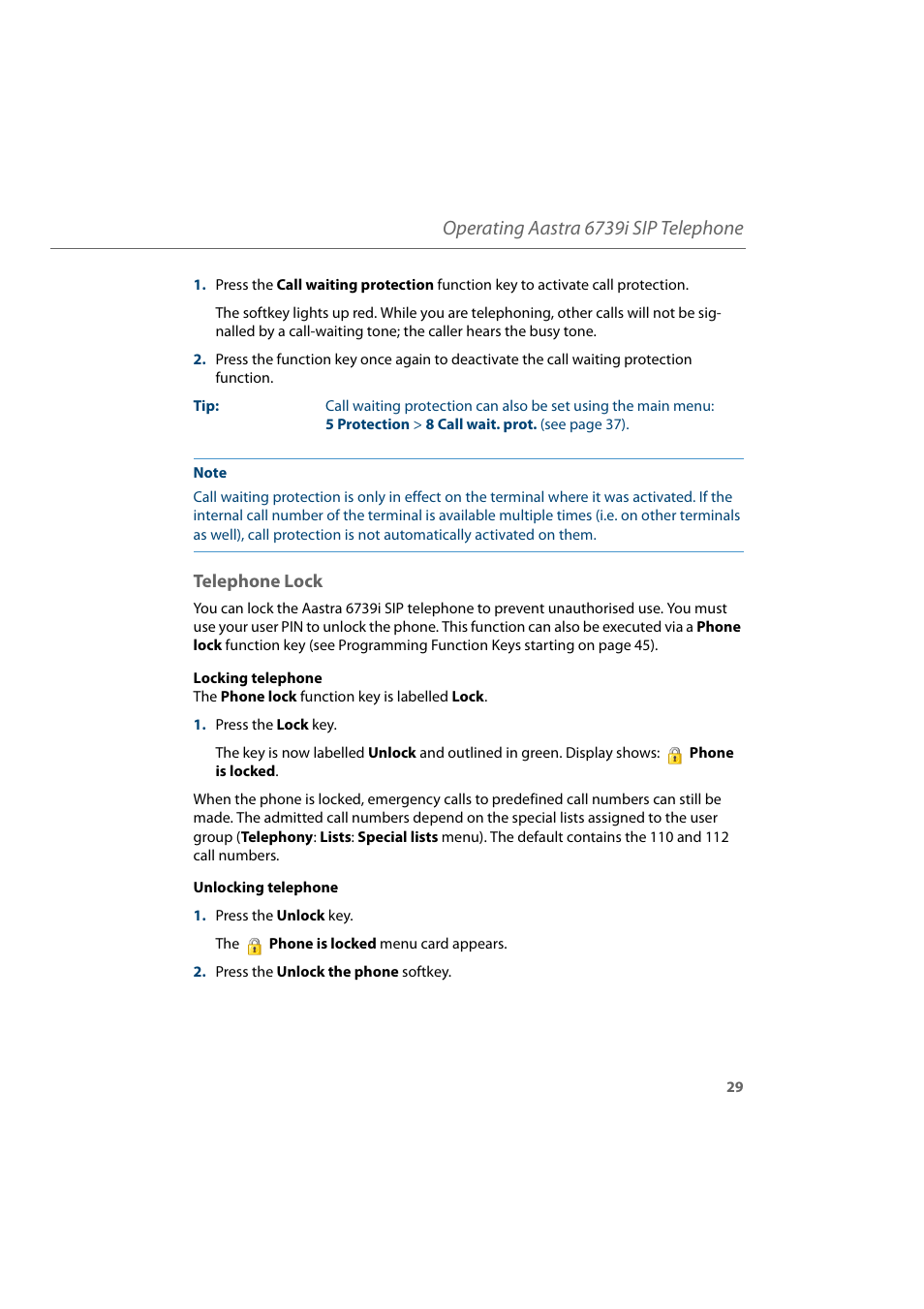 Telephone lock, Operating aastra 6739i sip telephone | AASTRA 6739i for Aastra 800 and OpenCom 100 User Guide EN User Manual | Page 31 / 56
