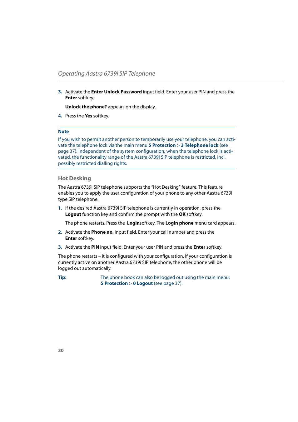 Hot desking, Operating aastra 6739i sip telephone | AASTRA 6739i for Aastra 800 and OpenCom 100 User Guide EN User Manual | Page 32 / 56