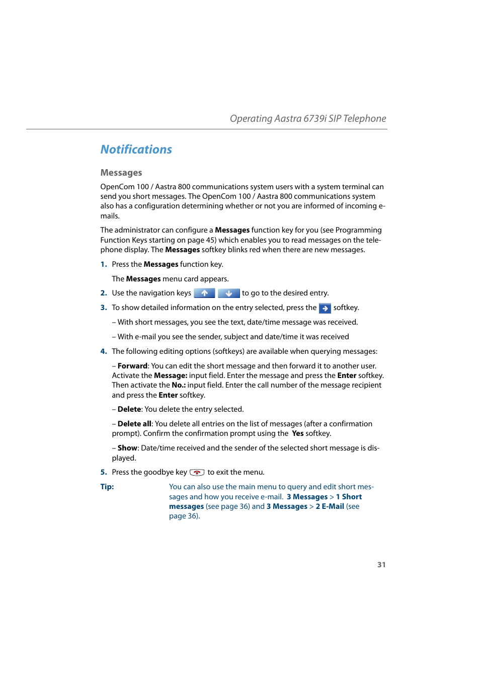Notifications, Messages, Operating aastra 6739i sip telephone | AASTRA 6739i for Aastra 800 and OpenCom 100 User Guide EN User Manual | Page 33 / 56