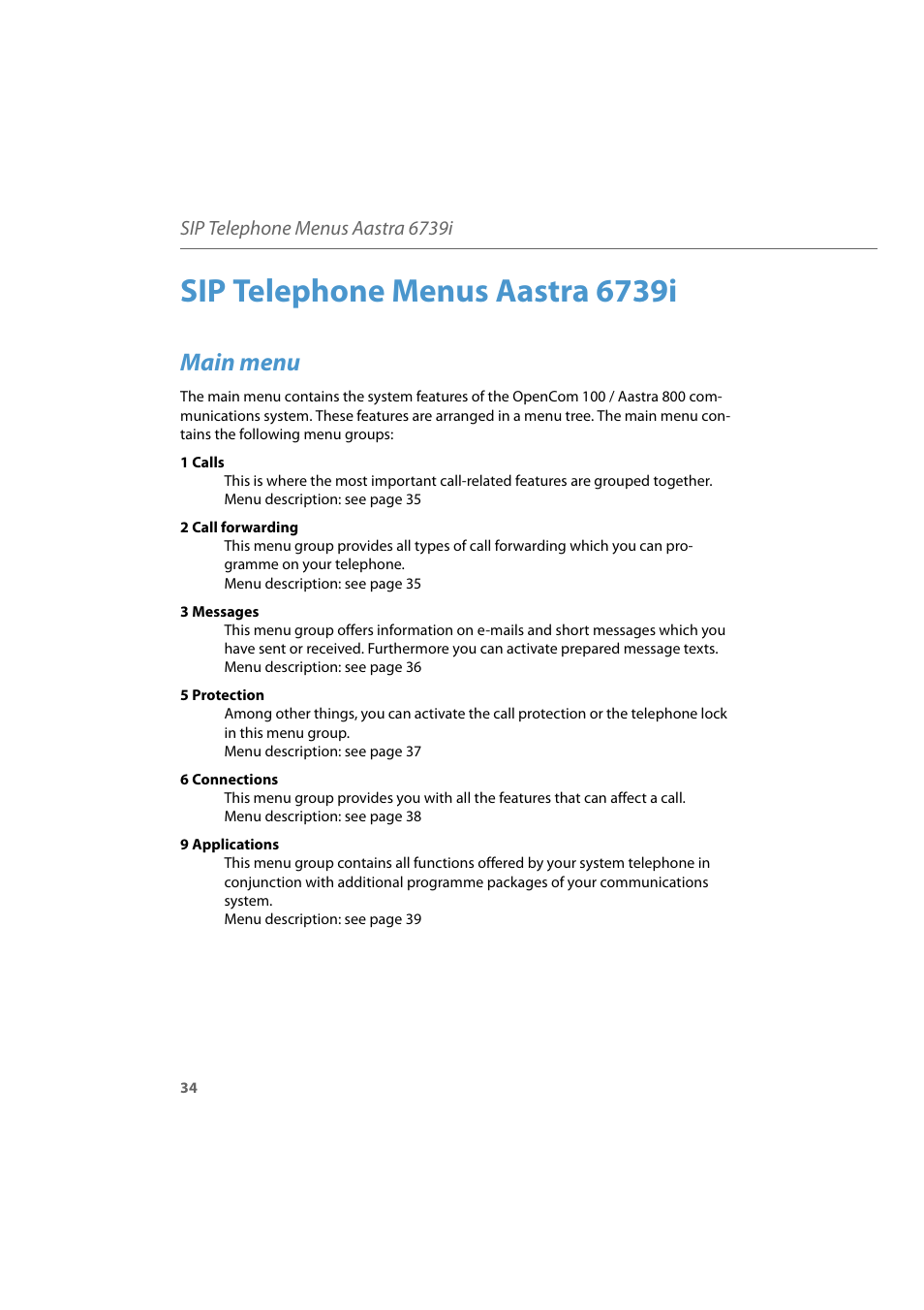 Sip telephone menus aastra 6739i, Main menu | AASTRA 6739i for Aastra 800 and OpenCom 100 User Guide EN User Manual | Page 36 / 56